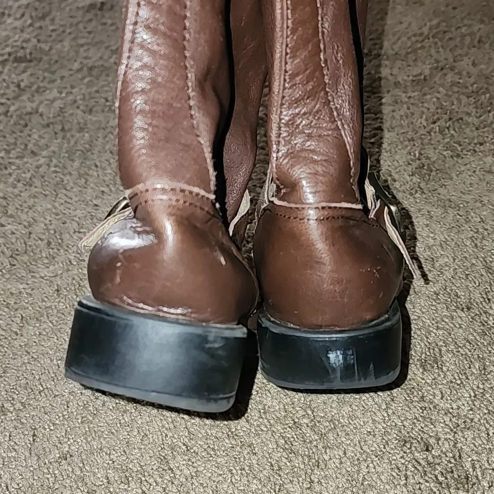 Frye boys 3 pull on leather buckle boots shoes mid calf closed toe heeled brown